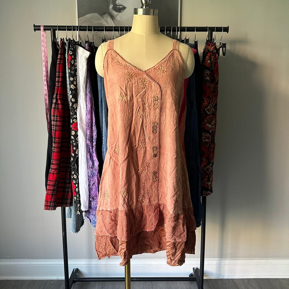 raya sun Dusty Rose Embroidered Midi Slip Dress